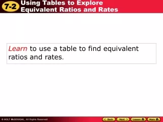 Learn  to use a table to find equivalent ratios and rates .