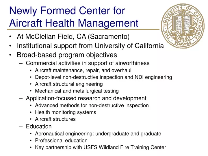 newly formed center for aircraft health management