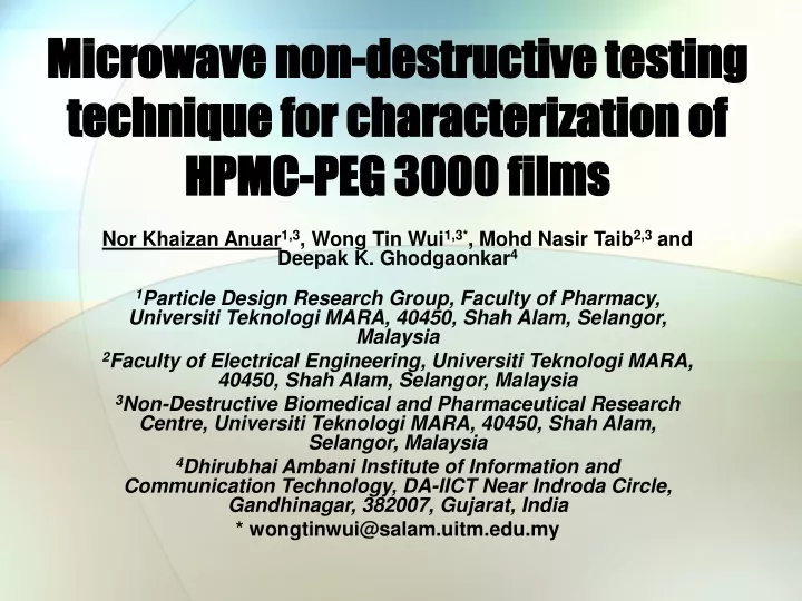microwave non destructive testing technique for characterization of hpmc peg 3000 films