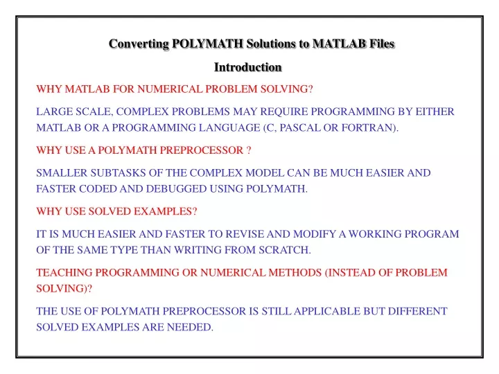 converting polymath solutions to matlab files