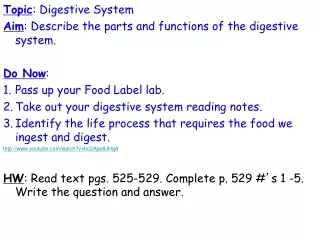 Topic : Digestive System Aim : Describe the parts and functions of the digestive system. Do Now :