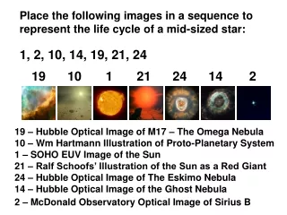 Place the following images in a sequence to  represent the life cycle of a mid-sized star: