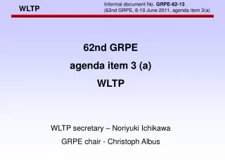 62nd GRPE agenda item 3 (a) WLTP WLTP secretary – Noriyuki Ichikawa GRPE chair - Christoph Albus