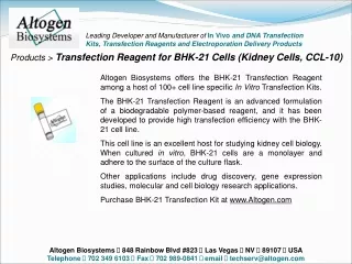 Products &gt;  Transfection Reagent for BHK-21 Cells (Kidney Cells, CCL-10)
