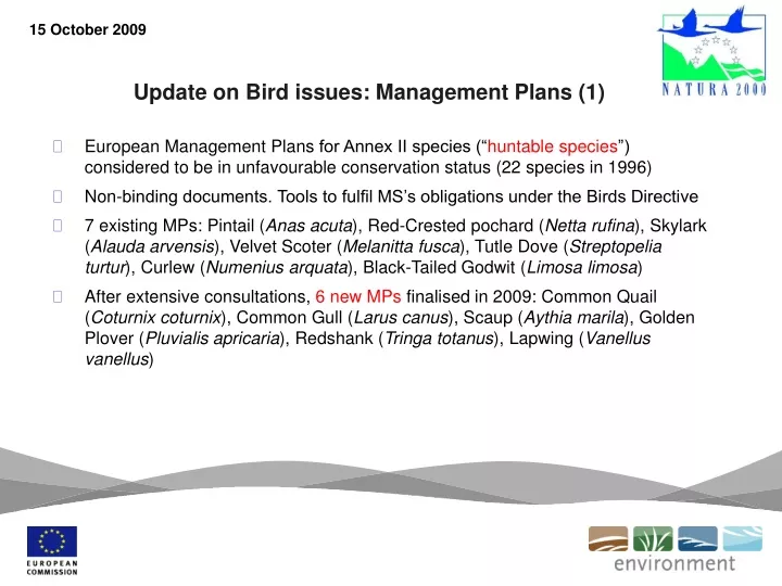 update on bird issues management plans 1