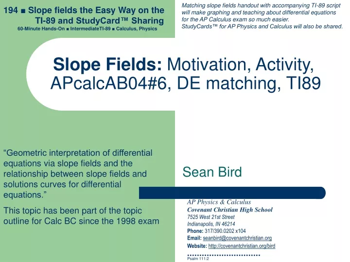 slope fields motivation activity apcalcab04 6 de matching ti89