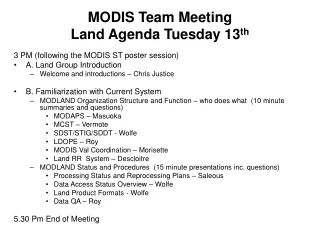 MODIS Team Meeting  Land Agenda Tuesday 13 th