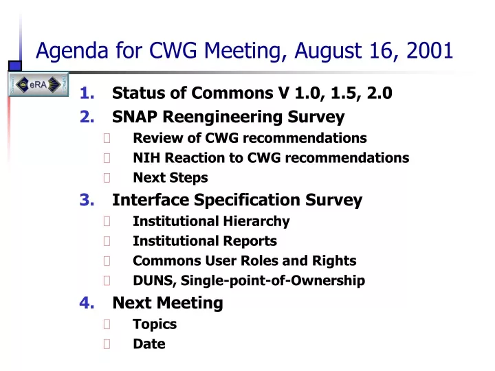 agenda for cwg meeting august 16 2001