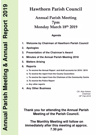 Hawthorn Parish Council Annual Parish Meeting 7pm Monday March 18 th  2019