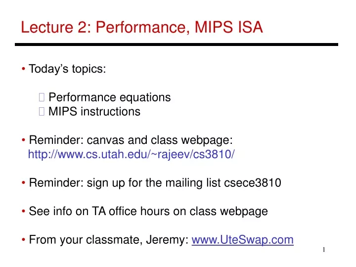 lecture 2 performance mips isa