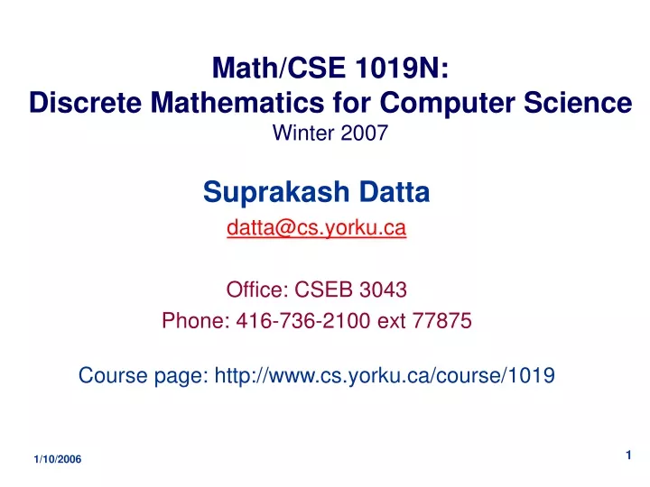 math cse 1019n discrete mathematics for computer science winter 2007