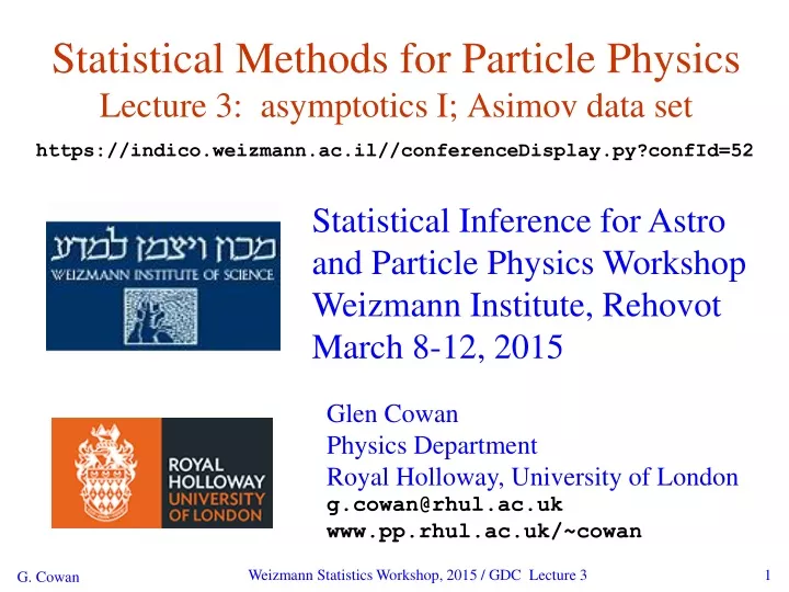statistical methods for particle physics lecture 3 asymptotics i asimov data set