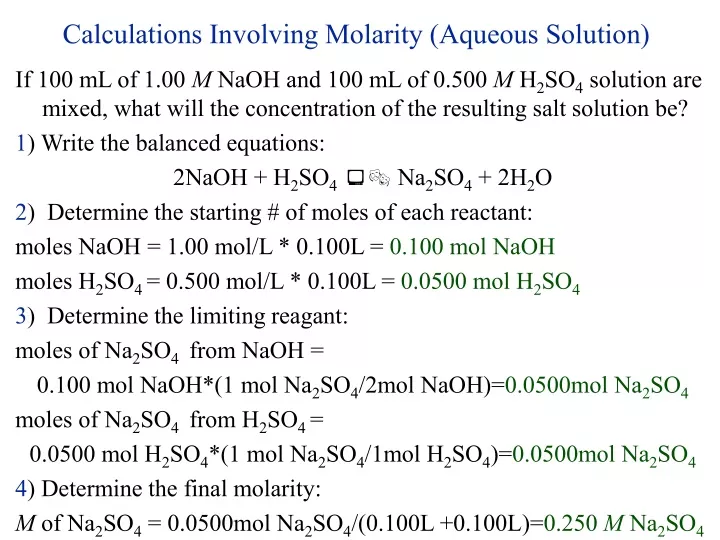 calculations involving molarity aqueous solution