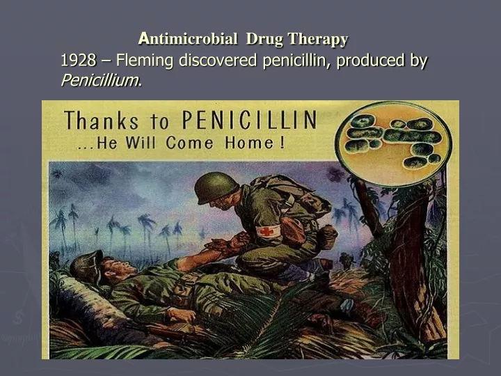 a ntimicrobial drug therapy 1928 fleming discovered penicillin produced by penicillium