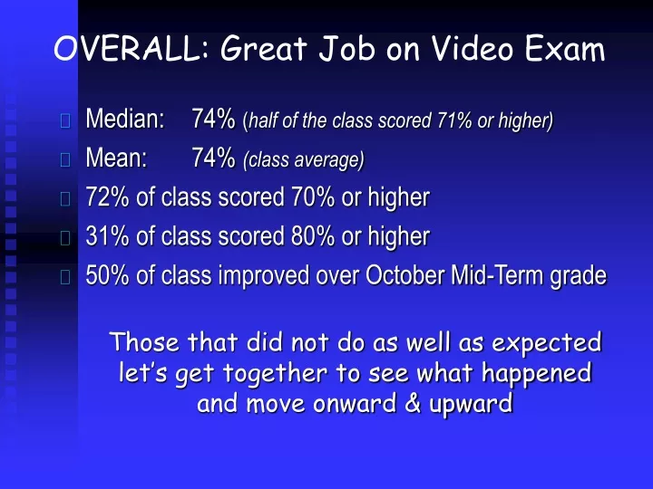 overall great job on video exam