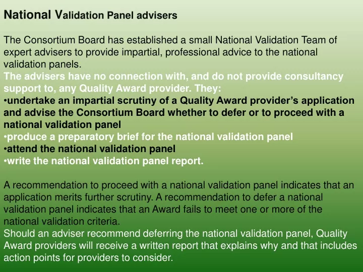 national v alidation panel adviser