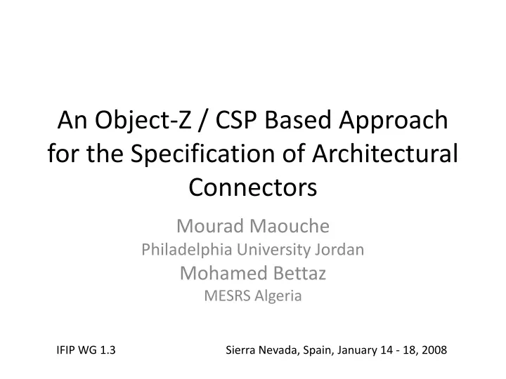 an object z csp based approach for the specification of architectural connectors