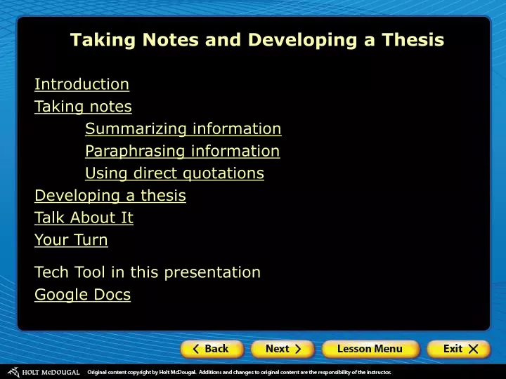 taking notes and developing a thesis