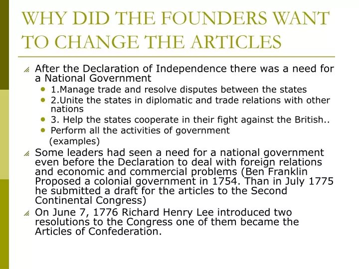 why did the founders want to change the articles