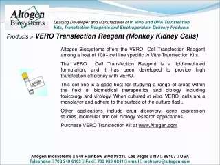 Products &gt; VERO Transfection Reagent (Monkey Kidney Cells)