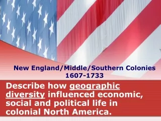 New England/Middle/Southern Colonies 1607-1733