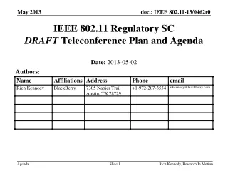 IEEE 802.11 Regulatory SC DRAFT  Teleconference Plan and Agenda