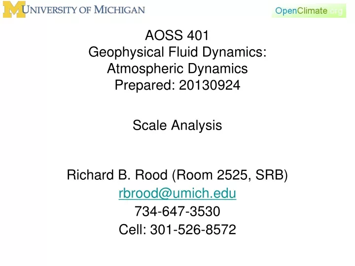 aoss 401 geophysical fluid dynamics atmospheric dynamics prepared 20130924 scale analysis