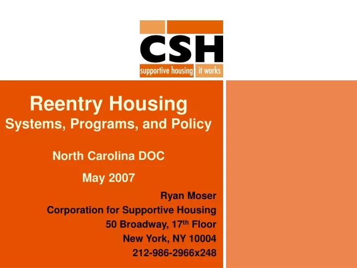 reentry housing systems programs and policy north carolina doc may 2007