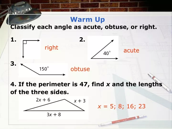 warm up classify each angle as acute obtuse