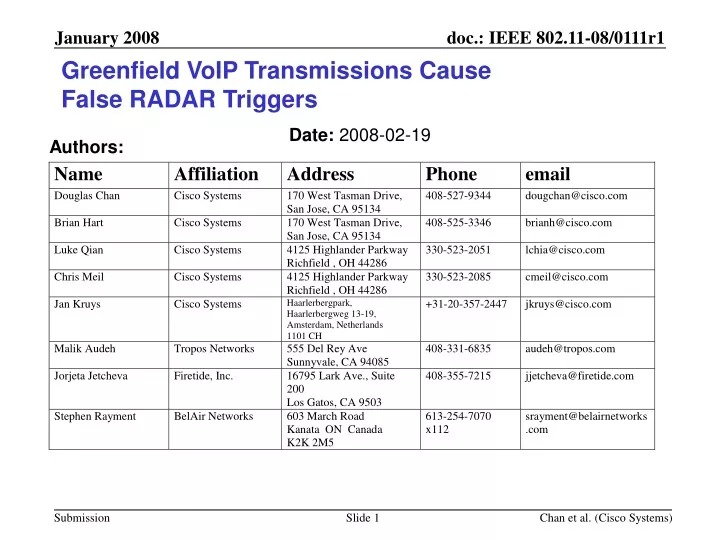 greenfield voip transmissions cause false radar triggers