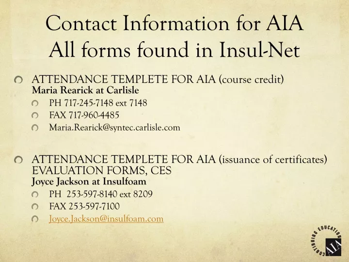 contact information for aia all forms found in insul net