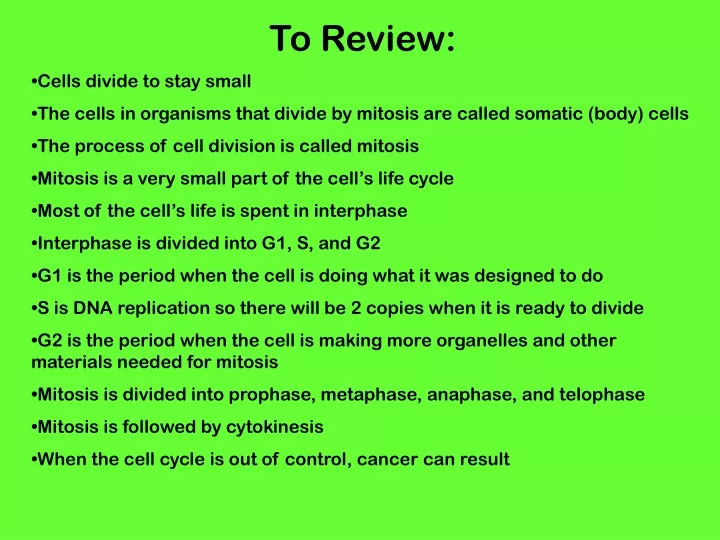 to review cells divide to stay small the cells