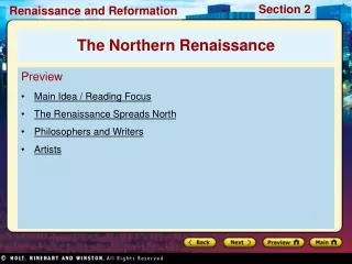 Preview Main Idea / Reading Focus The Renaissance Spreads North Philosophers and Writers Artists