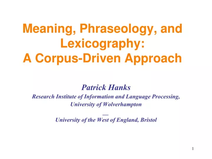 meaning phraseology and lexicography a corpus driven approach