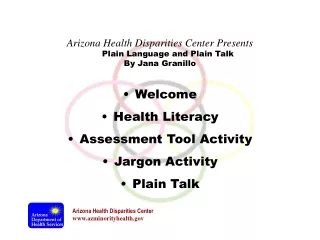 Welcome Health Literacy Assessment Tool Activity  Jargon Activity Plain Talk