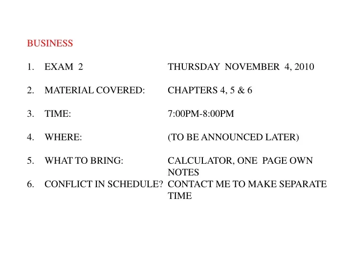 business exam 2 thursday november 4 2010 material