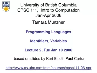 Programming Languages Identifiers, Variables Lecture 2, Tue Jan 10 2006