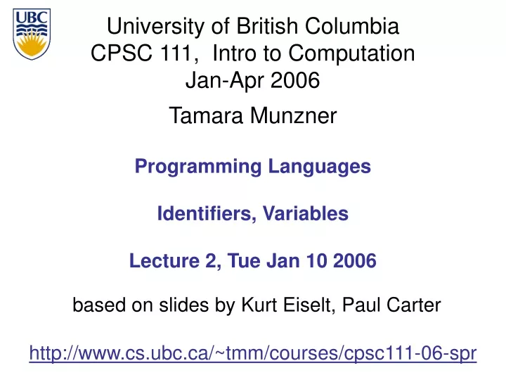 programming languages identifiers variables lecture 2 tue jan 10 2006