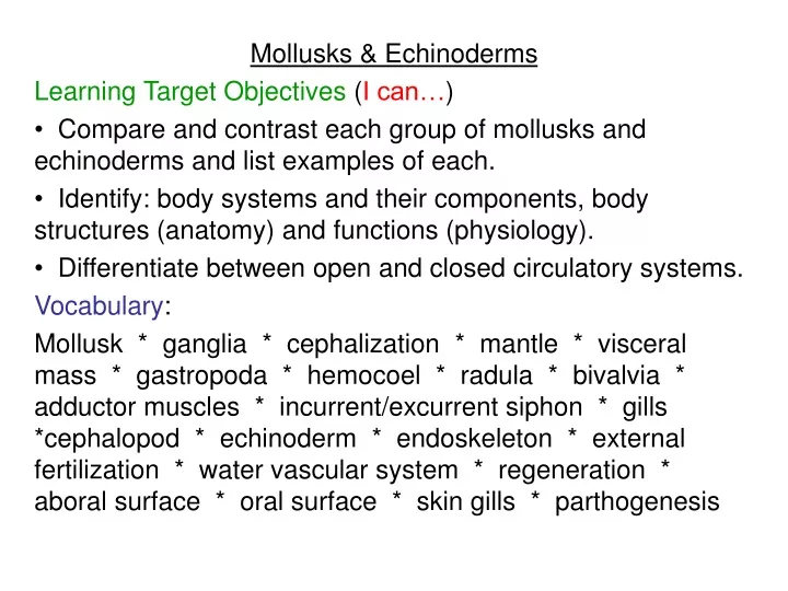 mollusks echinoderms learning target objectives