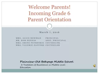 Welcome Parents! Incoming Grade 6  Parent Orientation