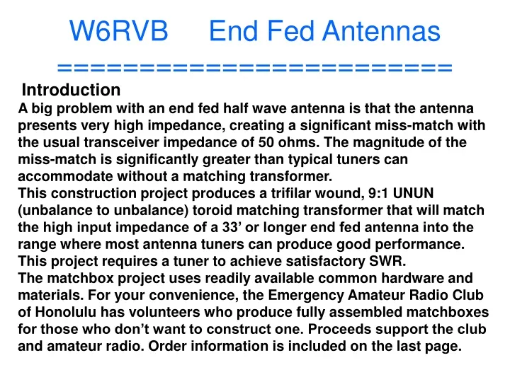 w6rvb end fed antennas