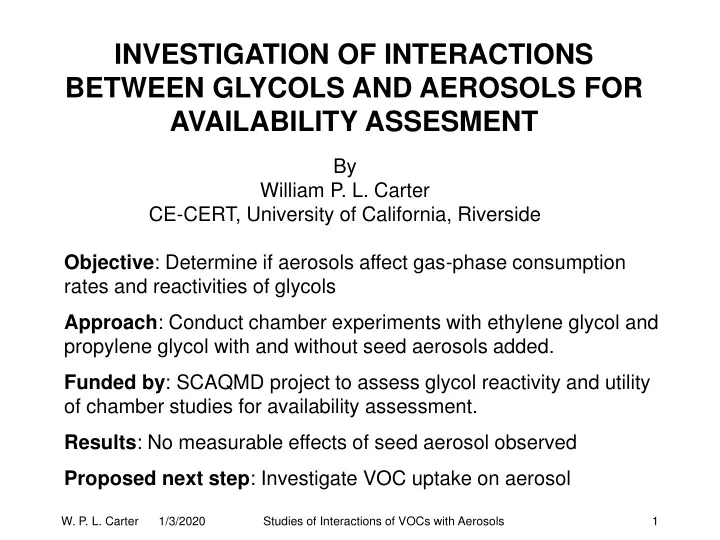 investigation of interactions between glycols and aerosols for availability assesment