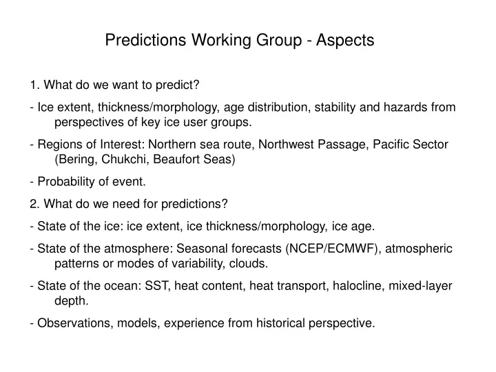 predictions working group aspects