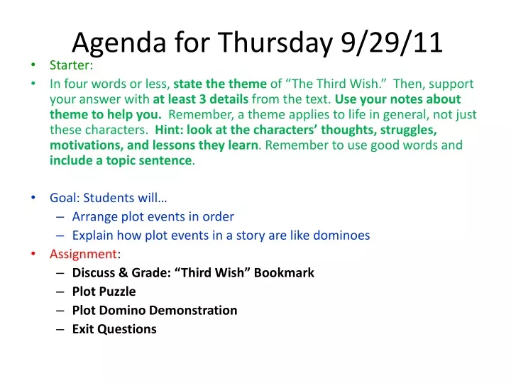 agenda for thursday 9 29 11