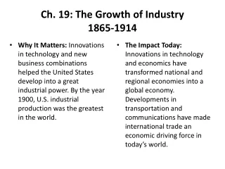 Ch. 19: The Growth of Industry 1865-1914