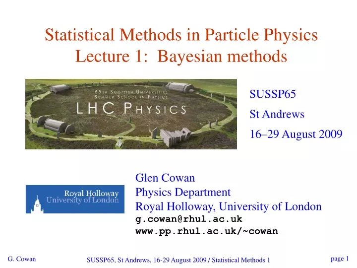 statistical methods in particle physics lecture 1 bayesian methods