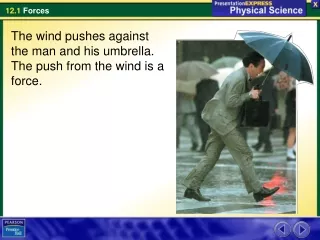 The wind pushes against the man and his umbrella. The push from the wind is a force.