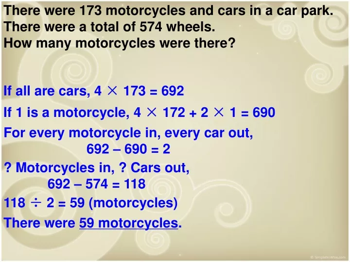 there were 173 motorcycles and cars in a car park