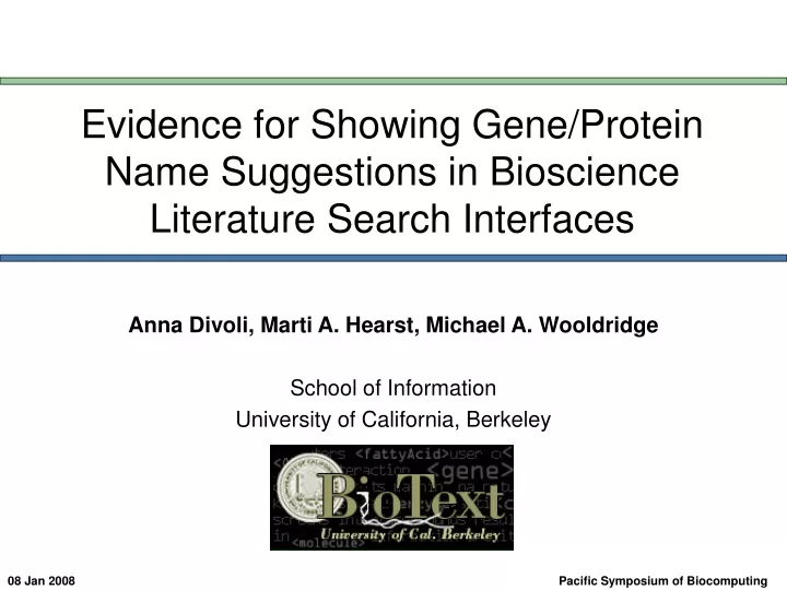 evidence for showing gene protein name suggestions in bioscience literature search interfaces