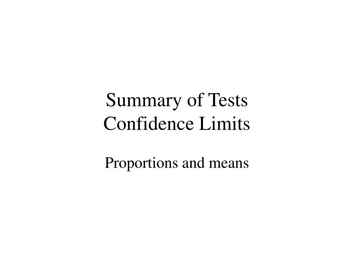summary of tests confidence limits